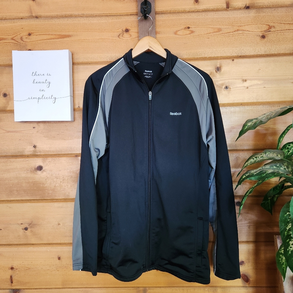 REEBOK Tracksuit Track‎ Jacket Black Gray Colorblock Athletic Zip Pockets Size L
